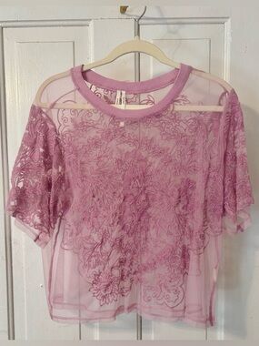 Anthropologie Sheer Embroidered Pink Floral Top